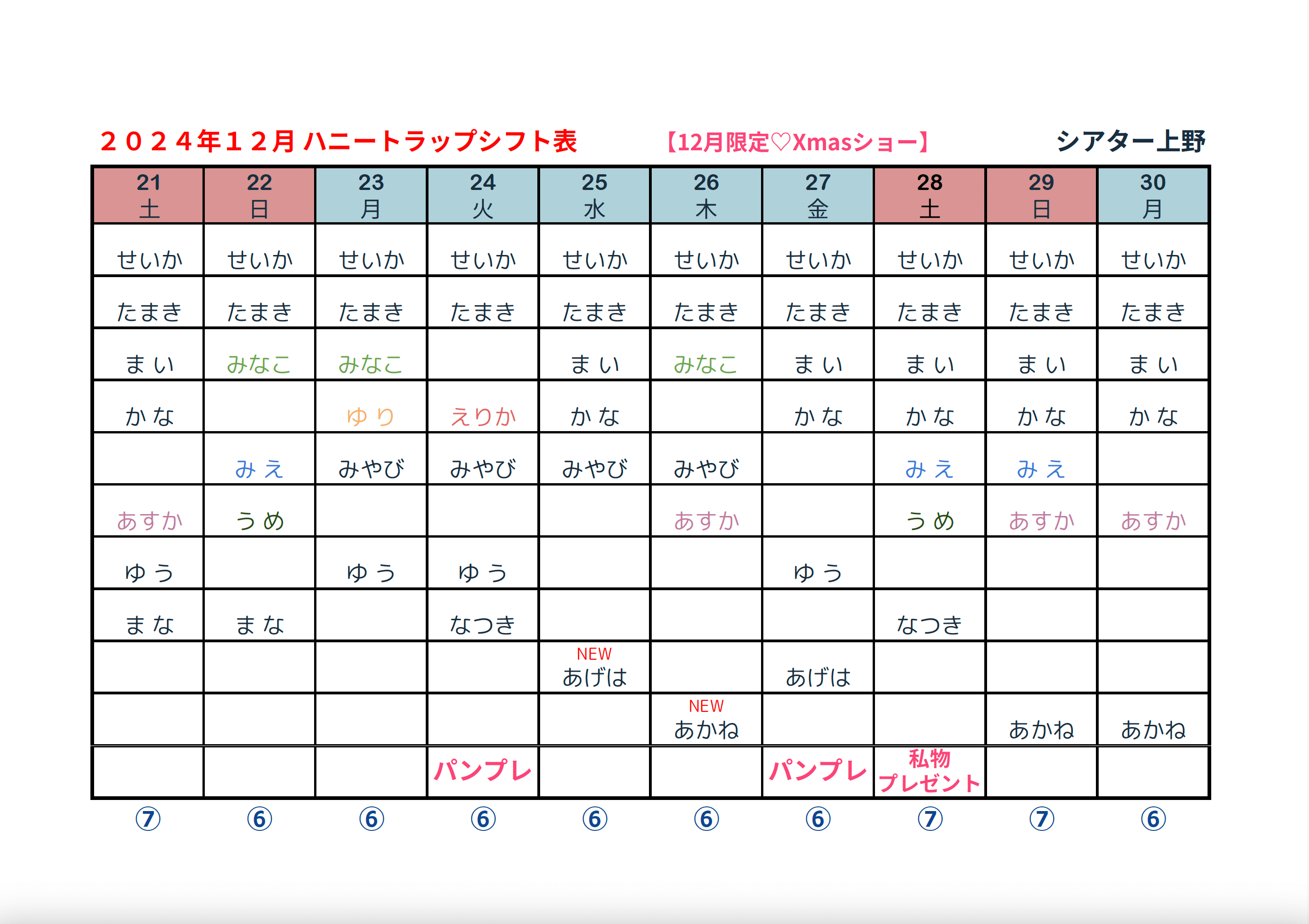 ハニトラシフト表 2024年12月