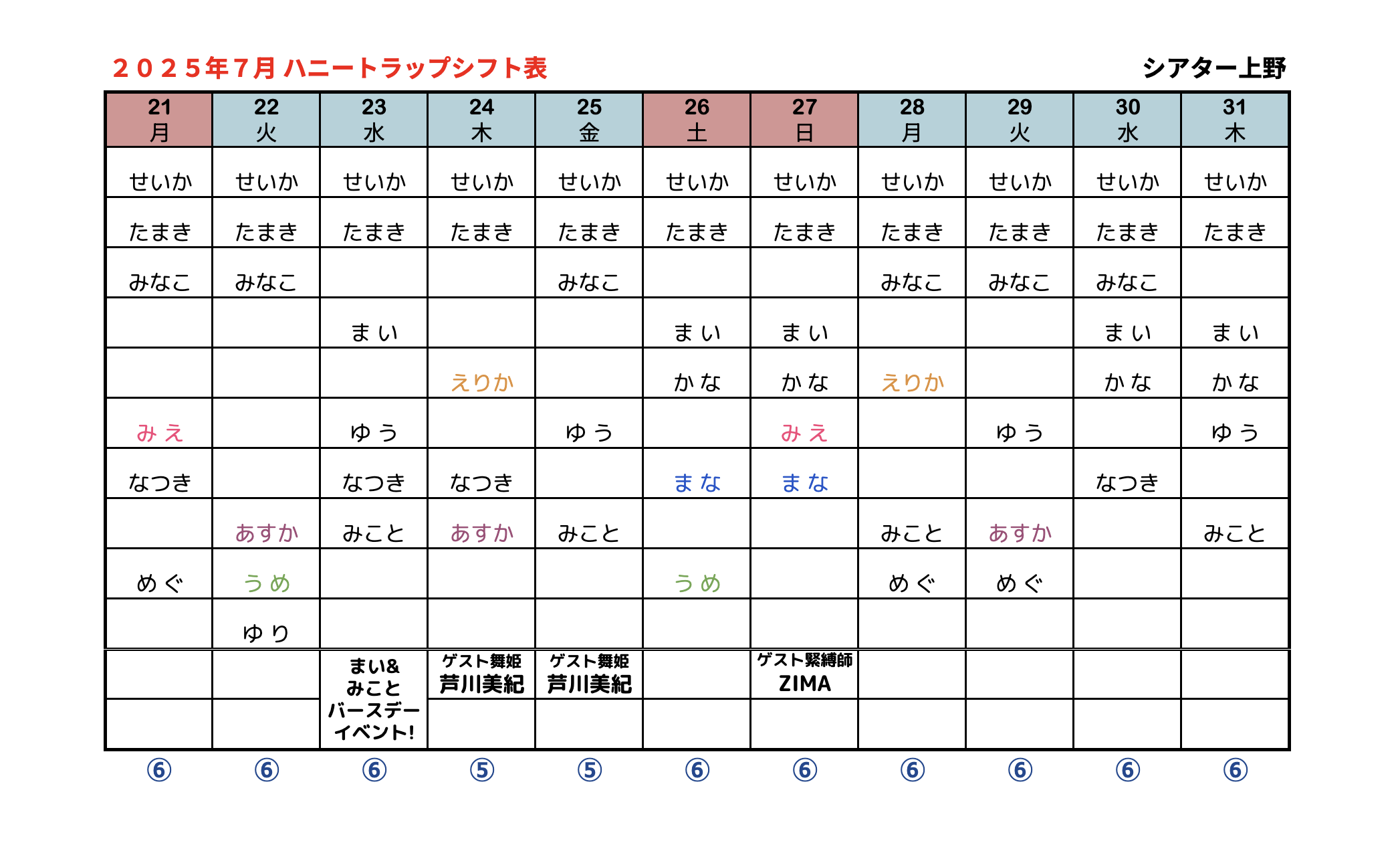 ハニトラシフト表 2025年7月