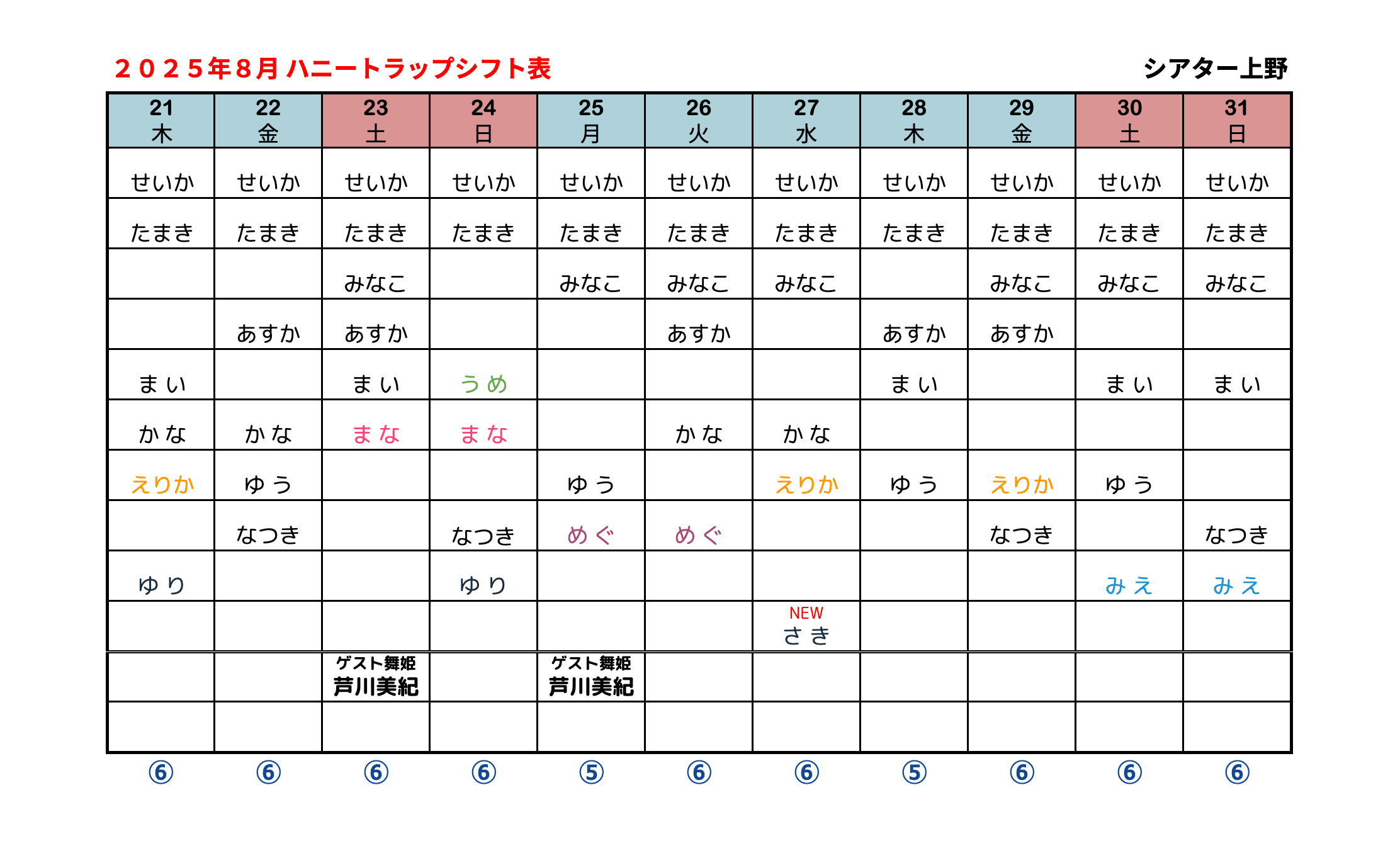 ハニトラシフト表 2025年8月