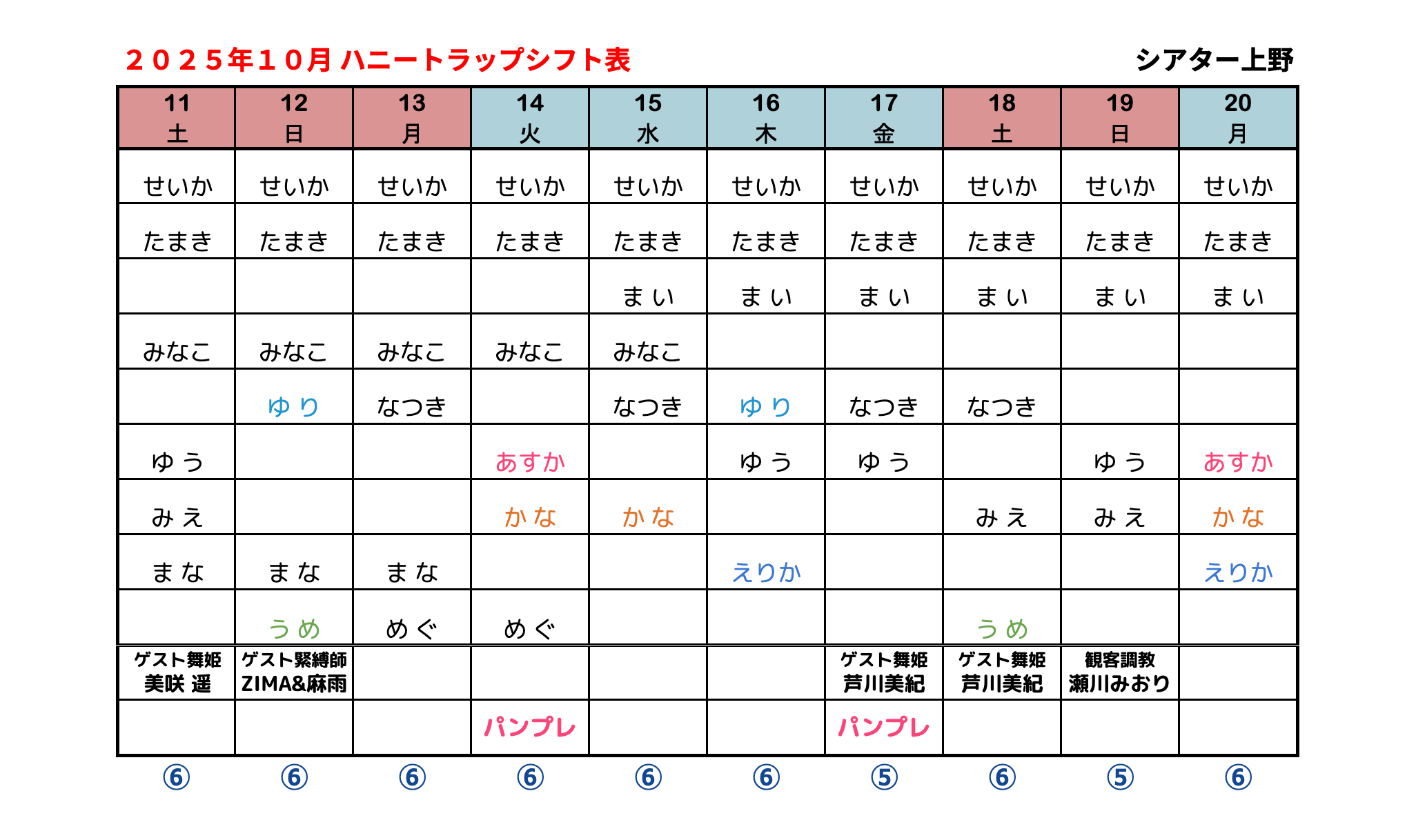 ハニトラシフト表 2025年10月
