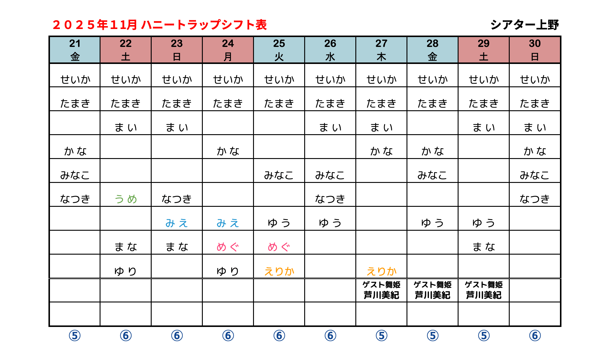 ハニトラシフト表 2025年11月