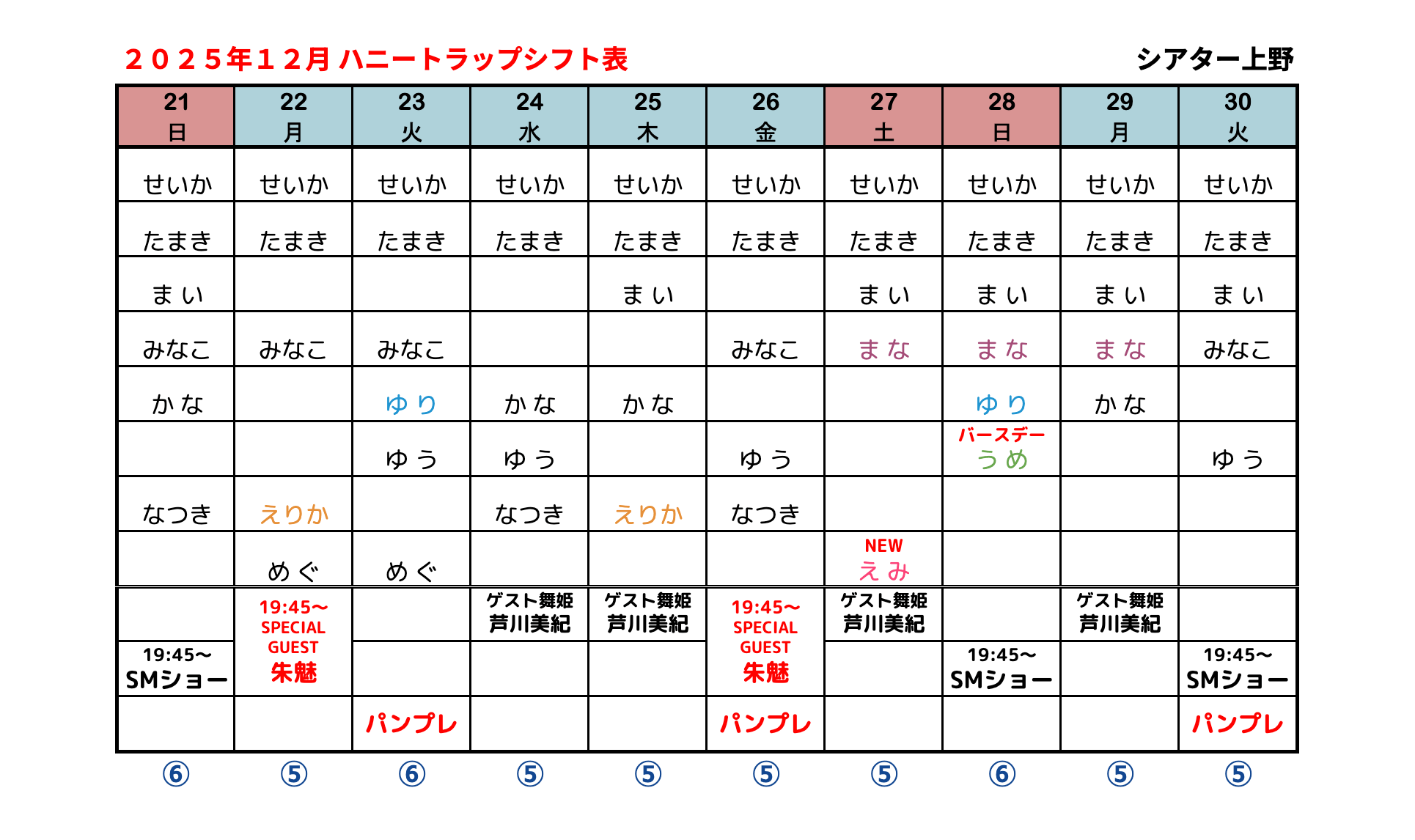 ハニトラシフト表 2025年12月